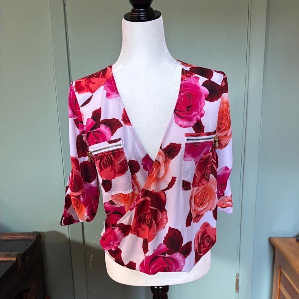 Floral Wrap Top - Pink and Red. Xs Bebe